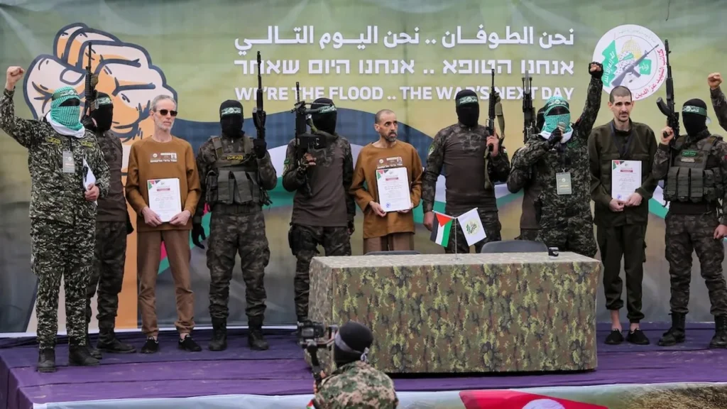 Or levy eli sharabi and ohad ben ami hostages held in gaza since the deadly oct 7 2023 attack are released by hamas milit